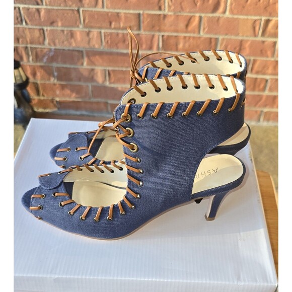 Ashro Denim Blue Heels Sandals Open Toe Strappy  Lace Up 9.5 M NEW - Picture 2 of 5